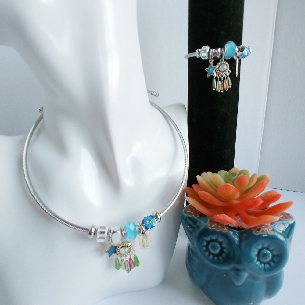 Silver Stainless Steel Cable Necklace and Bracelet Set Dreamcatcher Charm